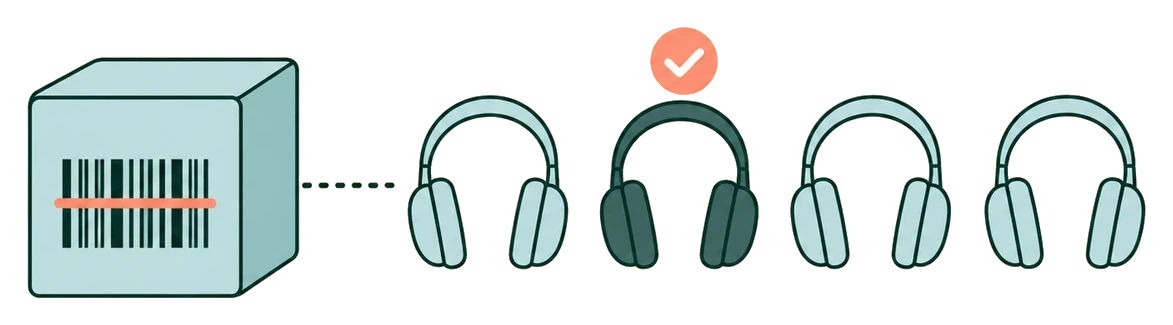 A barcode scan picks exactly one of four similar headphones