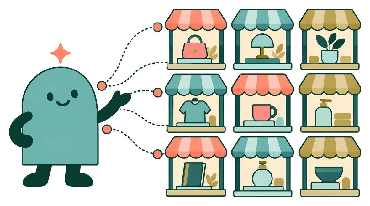 An AI agent asks many shops for a price and gets price tags back