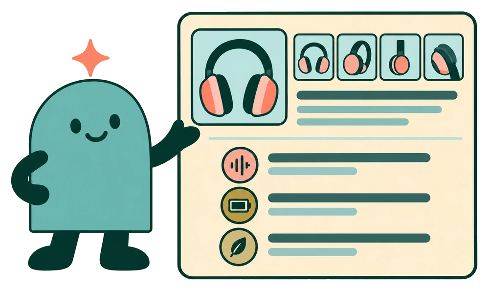 The mascot shows a product card with photos, a description and specs