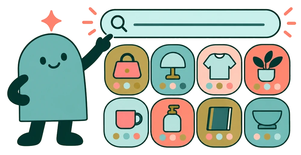 The mascot points at a search bar, and many product variants appear below it